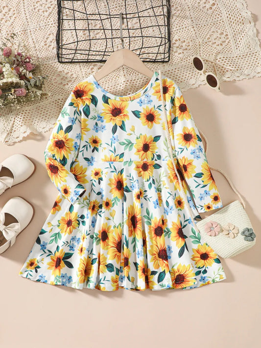 Kids Sunflower Print Round Neck Long Sleeve Dress Floral