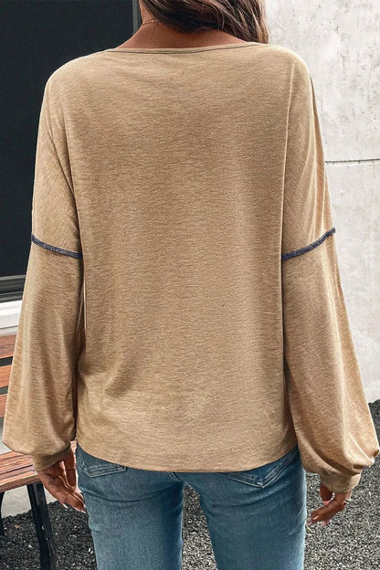 Color Block V-Neck Long Sleeve T-Shirt