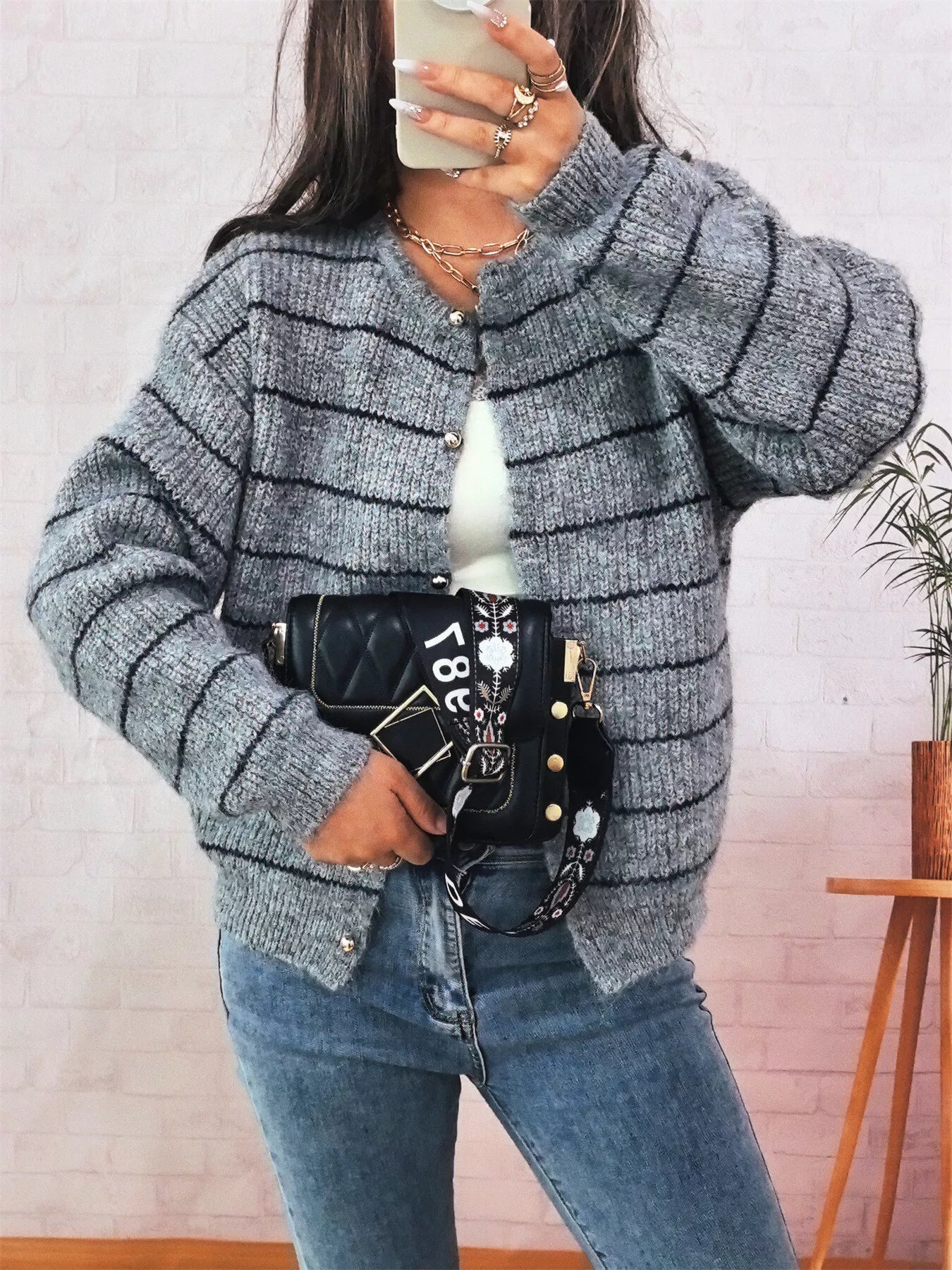 Striped Button Up Long Sleeve Cardigan