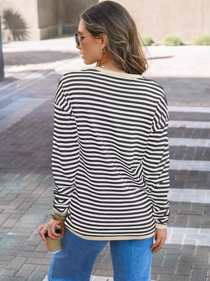 Striped Long Sleeve Sweater with Contrast Ribbed Trim