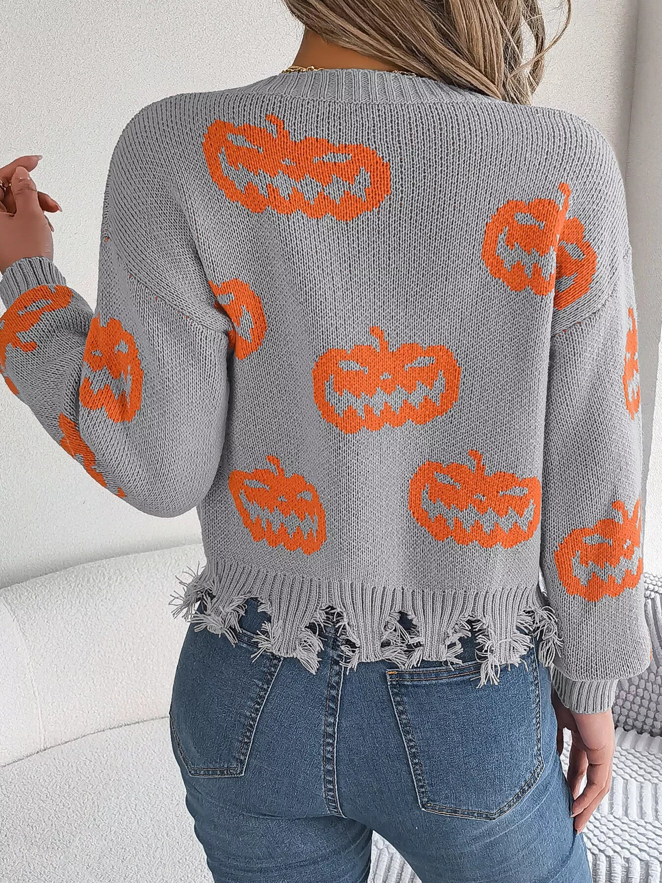 Halloween Pumpkin Pattern Raw Hem V-Neck Sweater