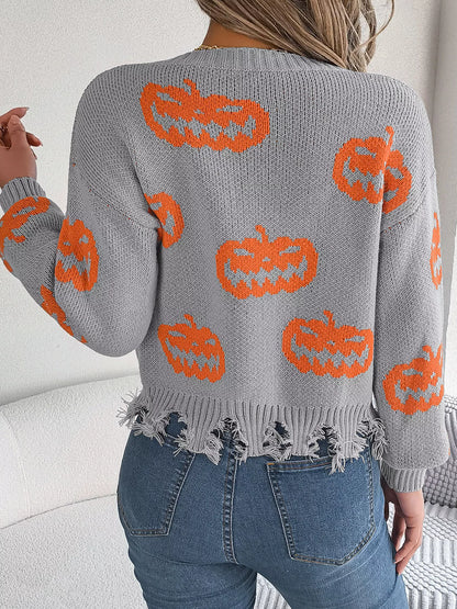 Halloween Pumpkin Pattern Raw Hem V-Neck Sweater