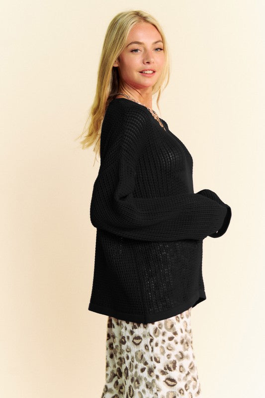 Back To School Sweater - Davi & Dani Star Front Crochet Drop Shoulder Knit Top