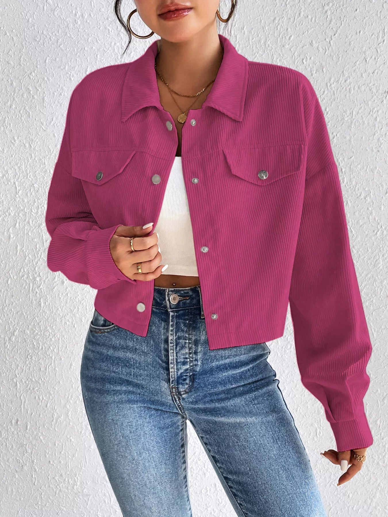 Casual Corduroy Snap Down Cropped Jacket Fuchsia Pink