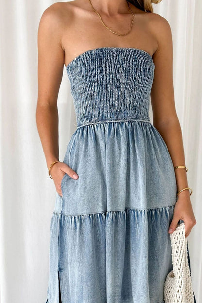 Smocked Tube Slit Tiered Denim Dress