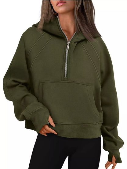 Half Zip Raglan Sleeve Hoodie Army Green
