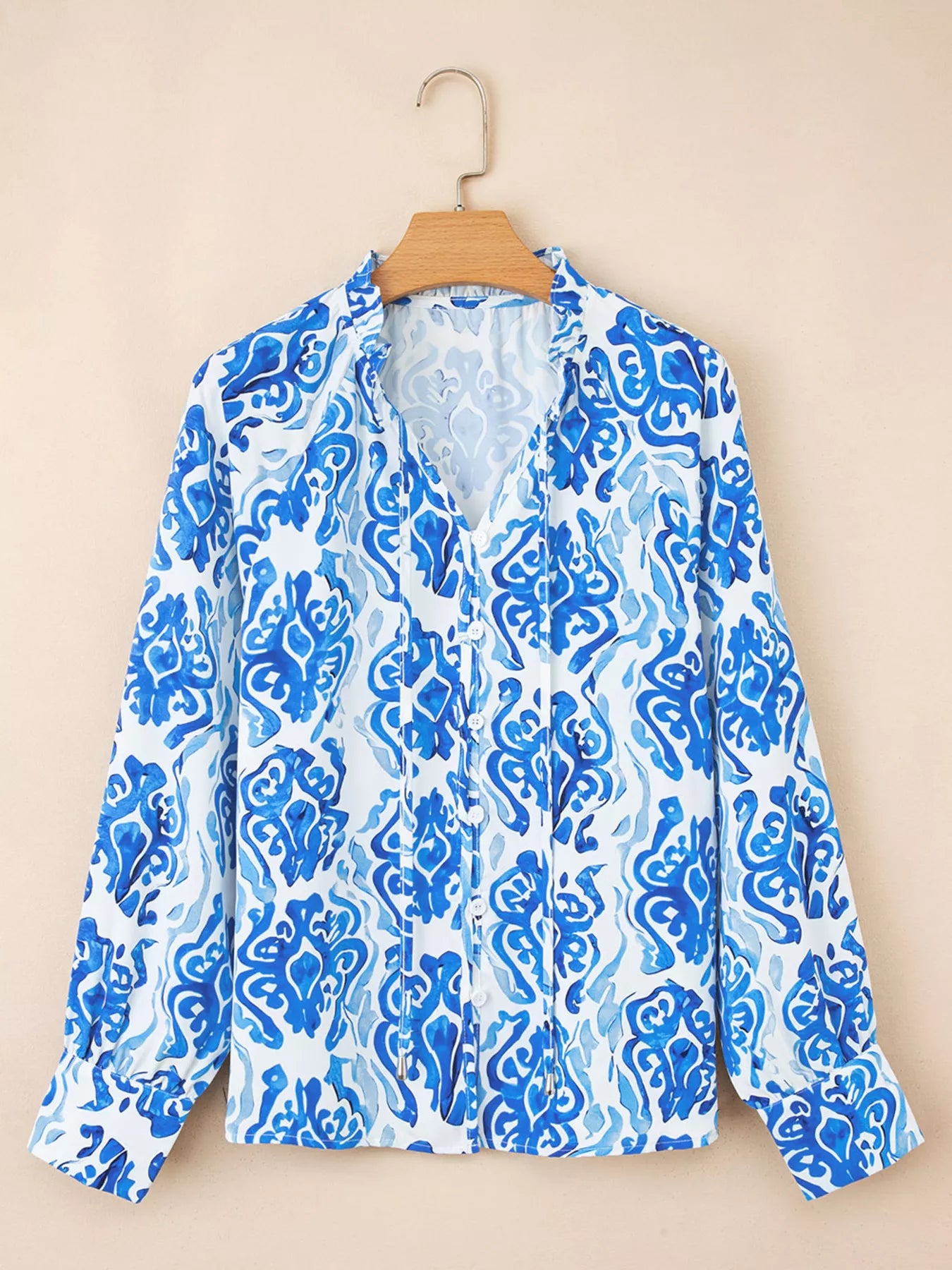 Printed Tie Split Neck Button Front Puff Sleeve Shirt