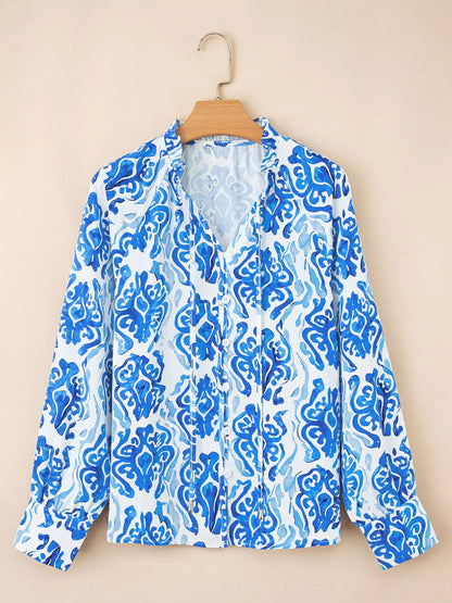 Printed Tie Split Neck Button Front Puff Sleeve Shirt