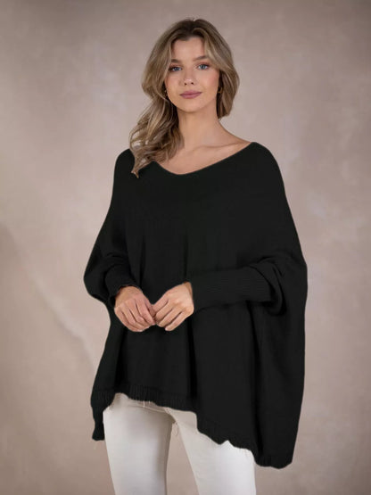 Raw Hem V-Neck Sweater Black One Size