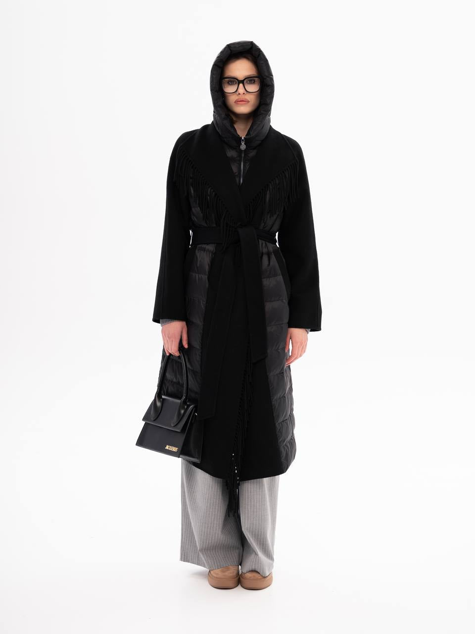 Kennedy Fringe Luxe Down Wool Blend Coat in Black