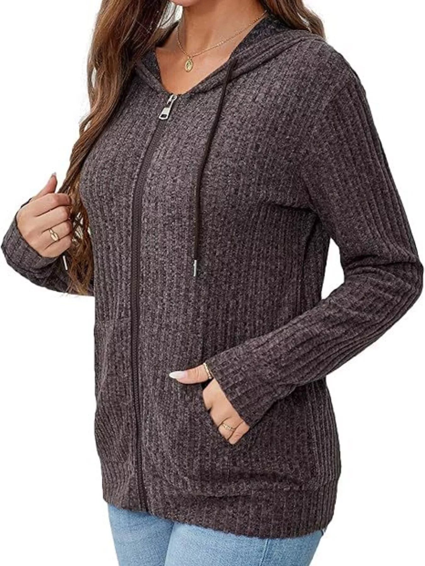 Ribbed Zip Up Hooded Outerwear