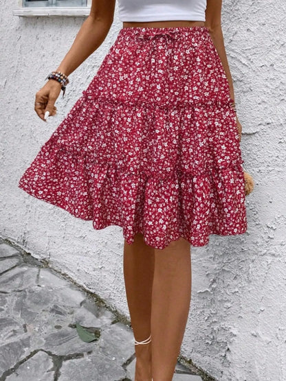 Floral Print Midi Skirt Red