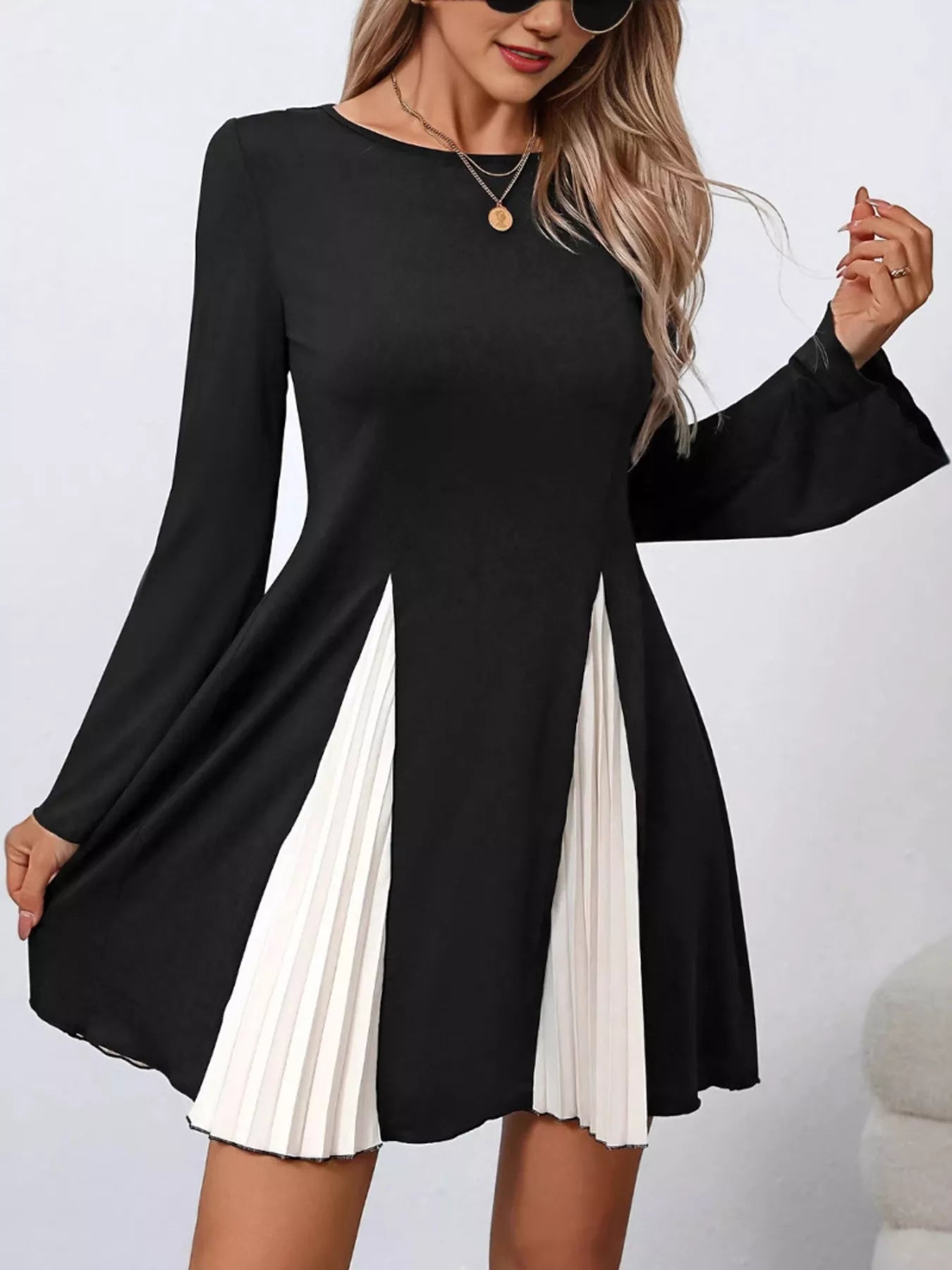 Pleated Flare Sleeve Mini Dress