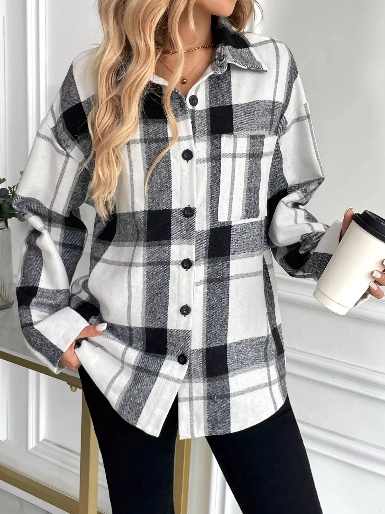 Oversized Plaid Button Up Shirt Grey