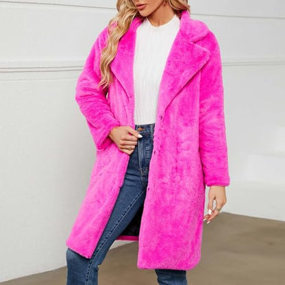 Hot Pink Fur Coat - Womens Faux Fur Long Jacket Open Front Long Sleeve Lapel Cardigans Winter Fashion Fluffy Cozy Overcoat Outerwear