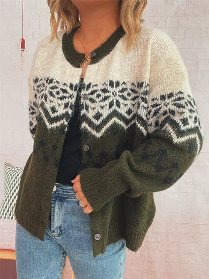 Christmas Button Up Drop Shoulder Cardigan Army Green One Size