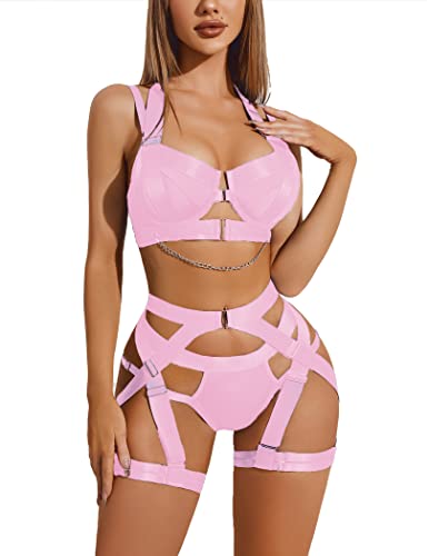 Lingerie Set for Women Sexy Strappy Lingerie Underwire Push Up Bra Garter Set Lingerie with Chain Pink