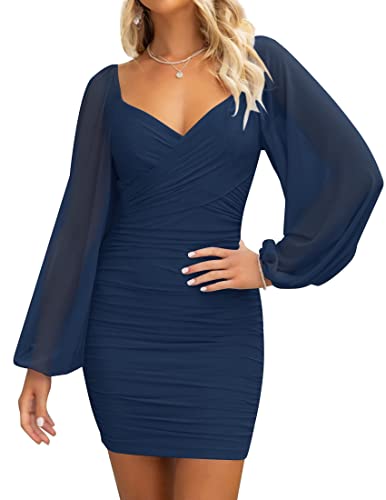 Christmas Party Dress - ZESICA Womens Sexy V Neck Ruched Bodycon Mini Dress Puff Long Sleeve Cocktail Wedding Party Short Dresses Navy