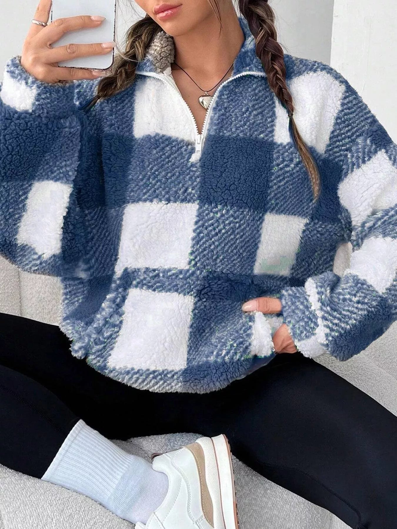 Full Size Plaid Sherpa Long Sleeve Sweatshirt Plus Size