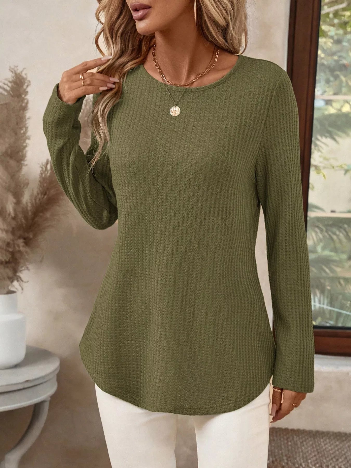 Plus Size Casual Waffle Knit Long Sleeve T-Shirt Army Green