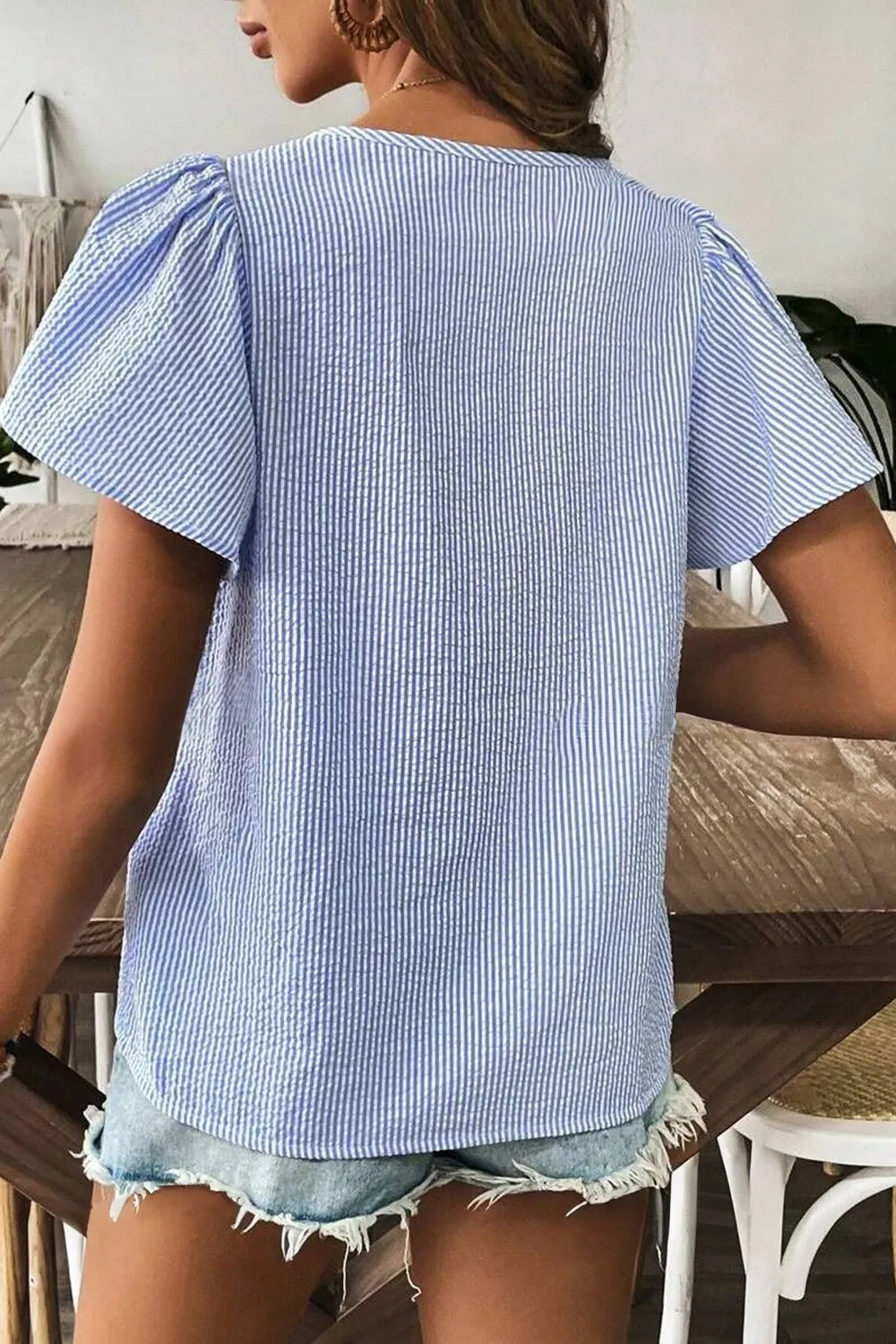 Stripe Textured Ruffle Short Sleeve Boho Detail Square Neck Blouse