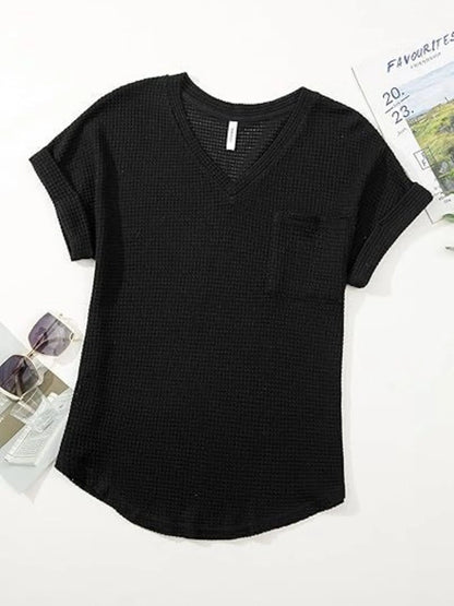 Waffle Knit V-Neck Casual T-Shirt