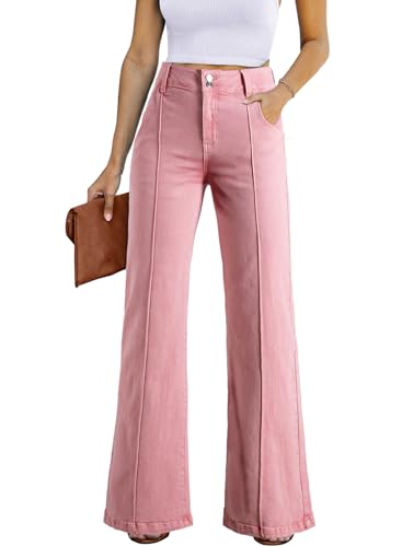 Celine Jeans - Womens Wide Leg Jeans Casual Baggy High Waisted Stretch Denim Pants Pink