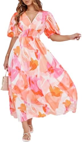 Easter Dress Women - Sissyaki Women's Boho Floral Midi Dress Smocked Beach Flowy Dress 1#multi Orange Print T