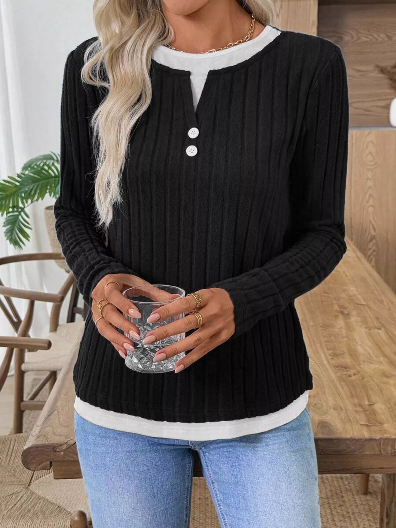 Ribbed Knit Button Detail Contrast Sweater
