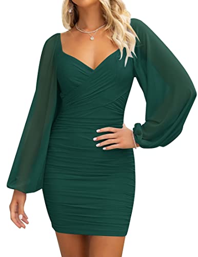 Christmas Party Dress - ZESICA Womens Sexy V Neck Ruched Bodycon Mini Dress Puff Long Sleeve Cocktail Wedding Party Short Dresses