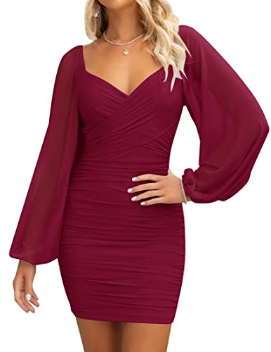 Christmas Party Dress - ZESICA Womens Sexy V Neck Ruched Bodycon Mini Dress Puff Long Sleeve Cocktail Wedding Party Short Dresses Wine