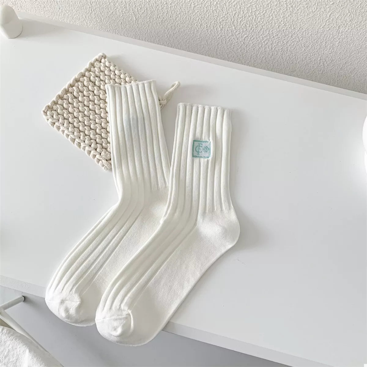 Breathable Ribbed Knit Crew Socks White One Size