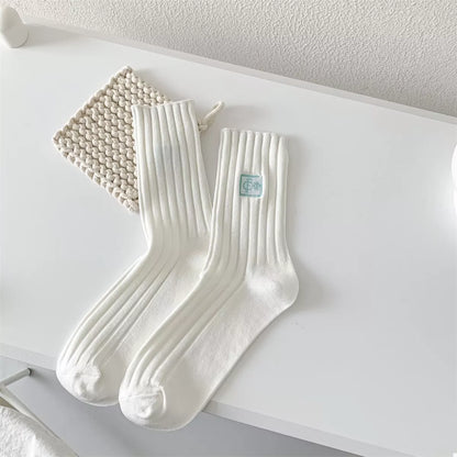 Breathable Ribbed Knit Crew Socks White One Size