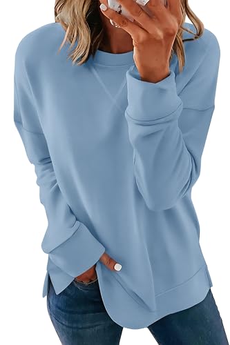 Womens Casual Loose Fit Sweatshirt Trendy Tops Crewneck Side Split Long Sleeve Shirts Light Blue