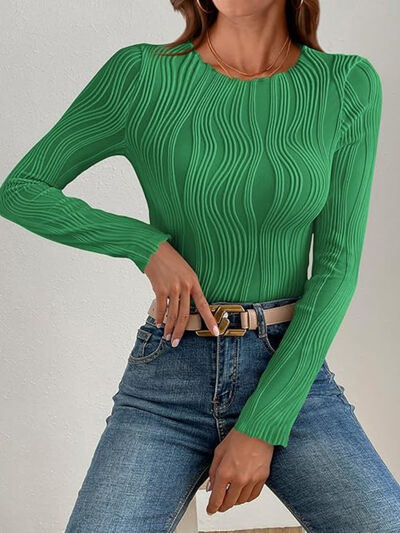 Textured Round Neck Long Sleeve Top Green