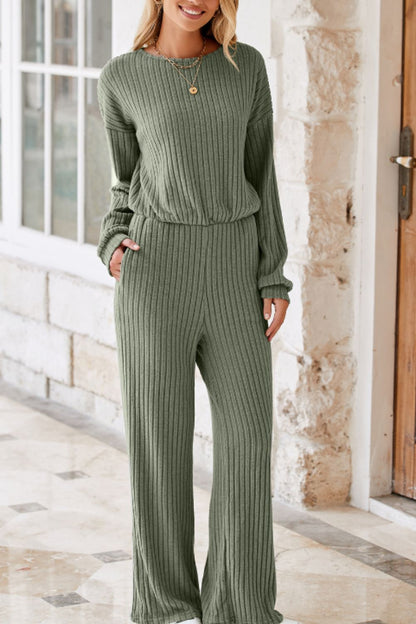 Round Neck Long Sleeve Jumpsuit Sage