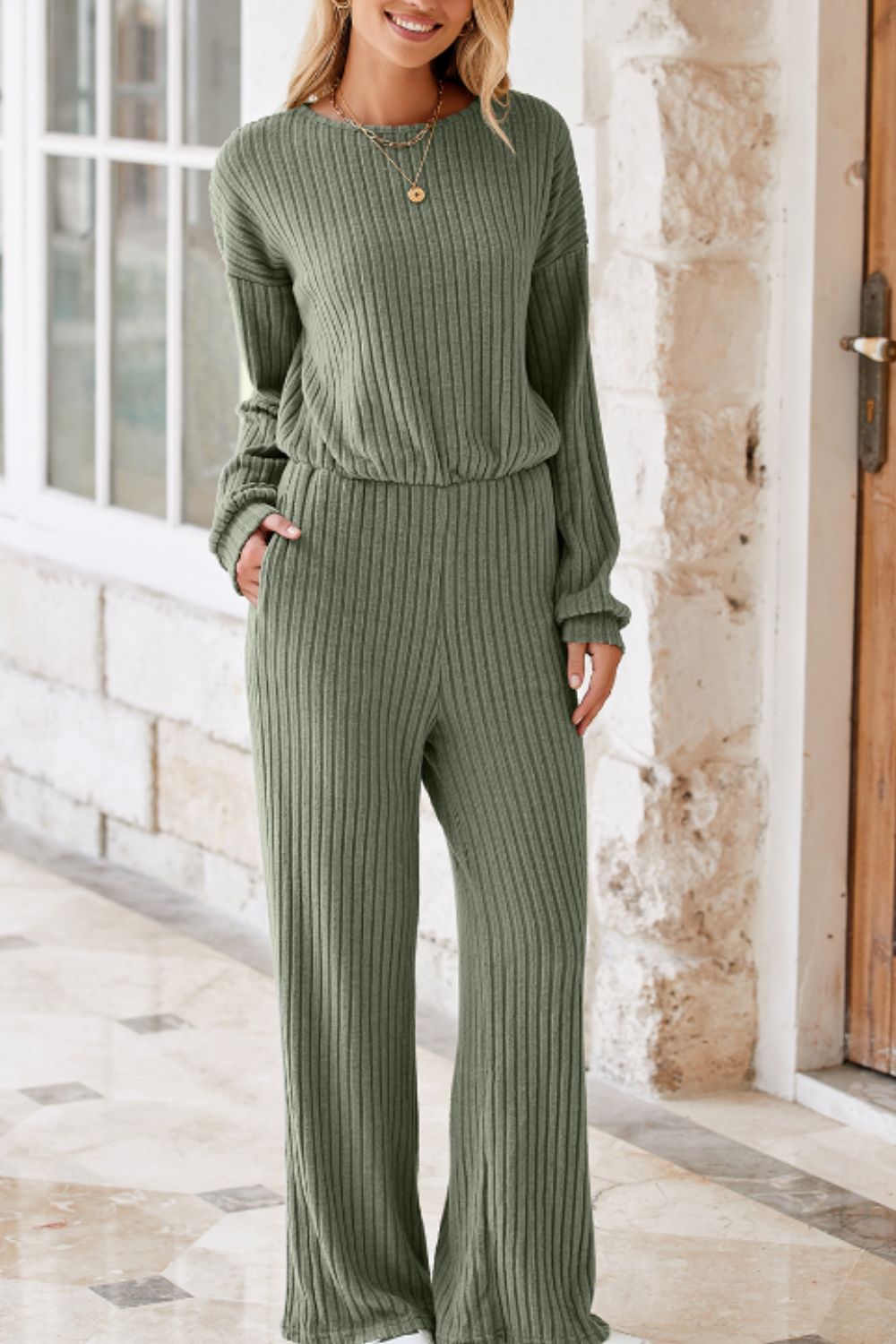 Round Neck Long Sleeve Jumpsuit Sage
