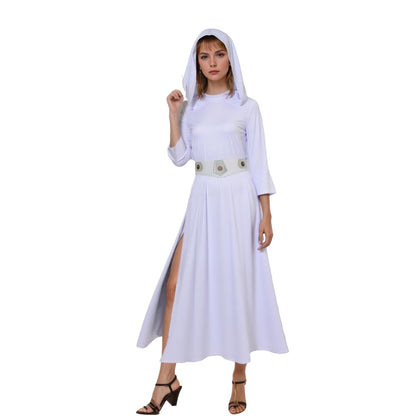 Princess Costume Long Robe - Women's Star Cosplay Dress with Belt White