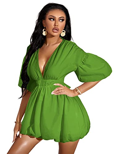Sabrina Carpenter Yellow Dress - Women's Deep V Neck Puff Sleeve High Rise Flare Dress Elastic Waist Dress Green