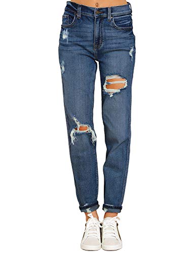 Mom Jeans - luvamia Boyfriend Jeans for Women Stretch High Waisted Ripped Distressed Mom Jeans Slim Denim Pants A Timeless Blue