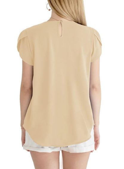 Polyester Blouses - Women's Chiffon Blouse Short Sleeve Pleated Top with Keyhole Back Detail