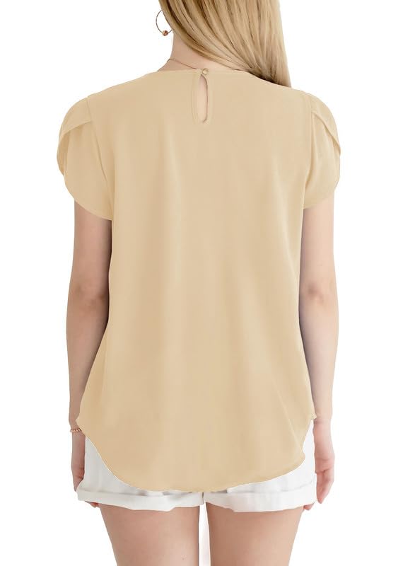 Polyester Blouses - Women's Chiffon Blouse Short Sleeve Pleated Top with Keyhole Back Detail