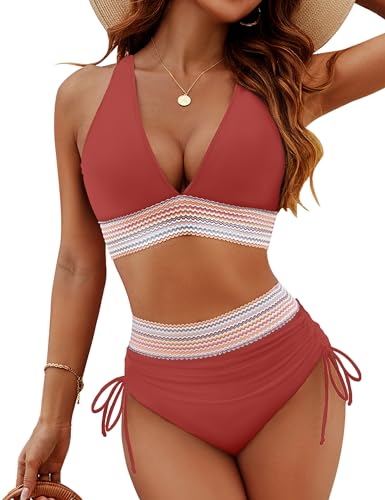 Blooming Jelly - Bikini Sets Tummy Control Swimsuits Color Block Two Piece Drawstring Bathing Suit Brick Red