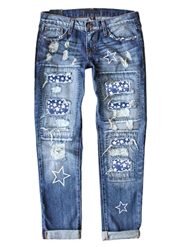 American Flag Pants - Astylish Womens Plaid Patch Ripped Boyfriend Distressed Stretch Skinny Denim Jeans with Hole G07 Blue