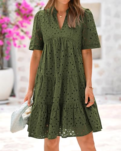 Easter Dress Women - BTFBM Womens Boho Summer Dresses 2025 Resort V Neck Short Sleeve Hollow Out Lace Ruffle Casual Beach Mini Vacation Dress