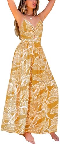 Sundresses - CUPSHE Women's Maxi Dress Floral Print Twisted V Neck Sleeveless Long Dress Summer Casual Dress Yellow Leaf X-Large