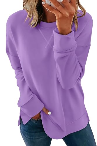 Womens Casual Loose Fit Sweatshirt Trendy Tops Crewneck Side Split Long Sleeve Shirts Purple