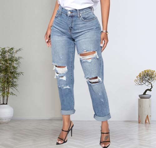 Mom Jeans - BessCops Womens Boyfriend Jeans Stretchy Ripped Distressed Denim Mom Jean Pants