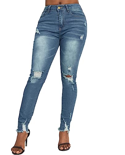 Mom Jeans - SheKiss Boyfriend Stretchy Jeans for Women Distressed Frayed High Waisted Trendy Denim Blue Jeans Blue705