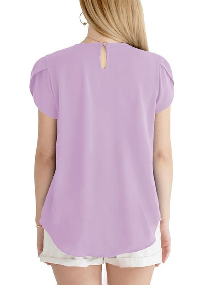Polyester Blouses - Women's Chiffon Blouse Short Sleeve Pleated Top with Keyhole Back Detail
